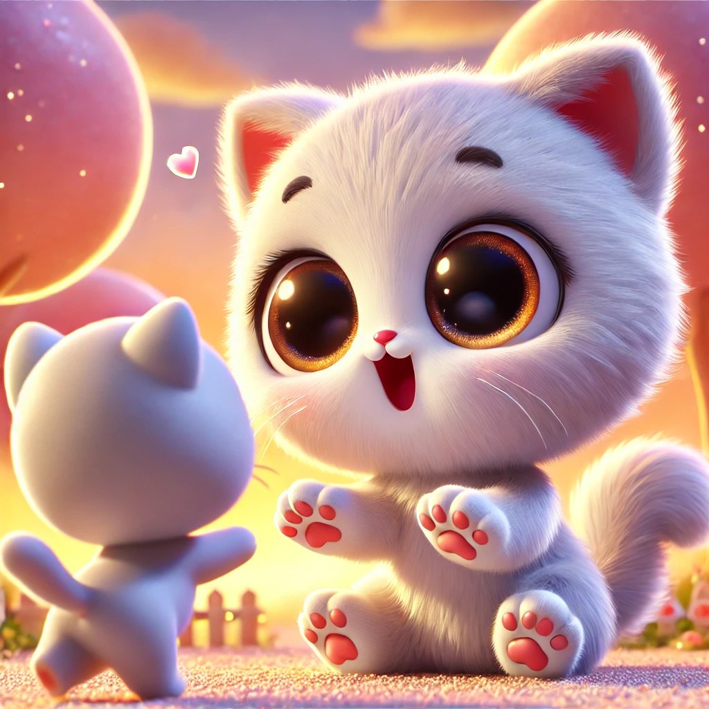 DALL·E 2025-03-12 22.51.30 - A super cute, chibi-style 3D cat with a round fluffy body, oversized sparkling expressive eyes, and tiny paws is joyfully meeting another chibi cat fo.webp