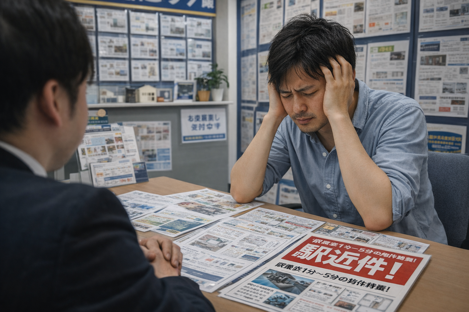 駅近物件の選択に悩む青年