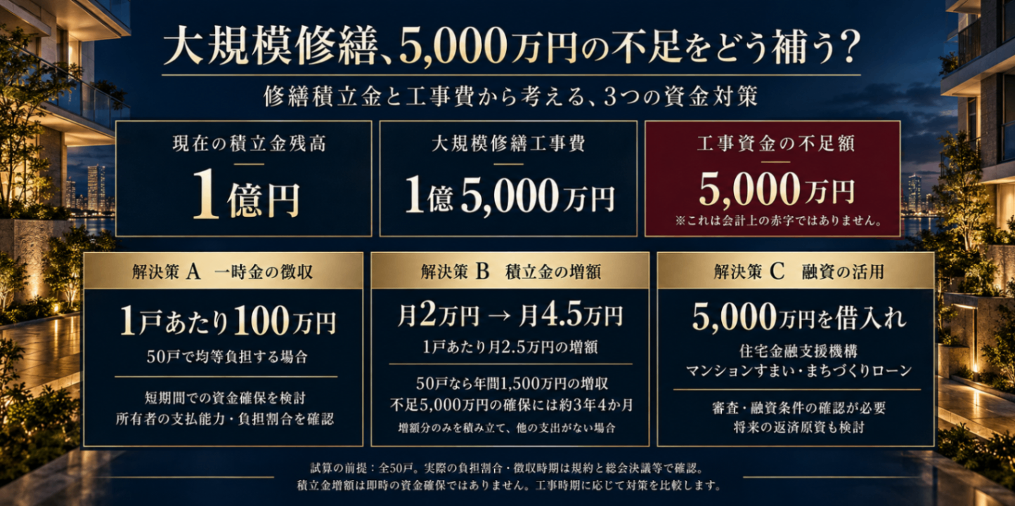 大規模修繕の5,000万円不足、3つの資金策.png
